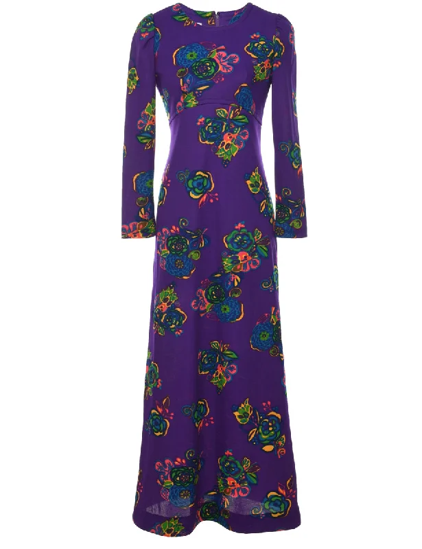 1970s Floral Print Purple Dress - M