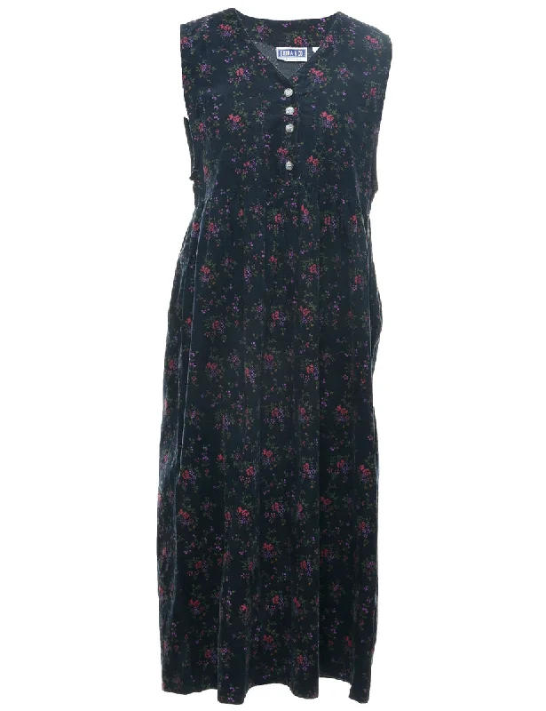 Stylish Ease Corduroy Floral Pattern Dress - M