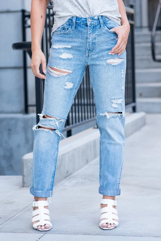 Classic Comfort Worn Blue Rolled Up Boyfriend Jeans