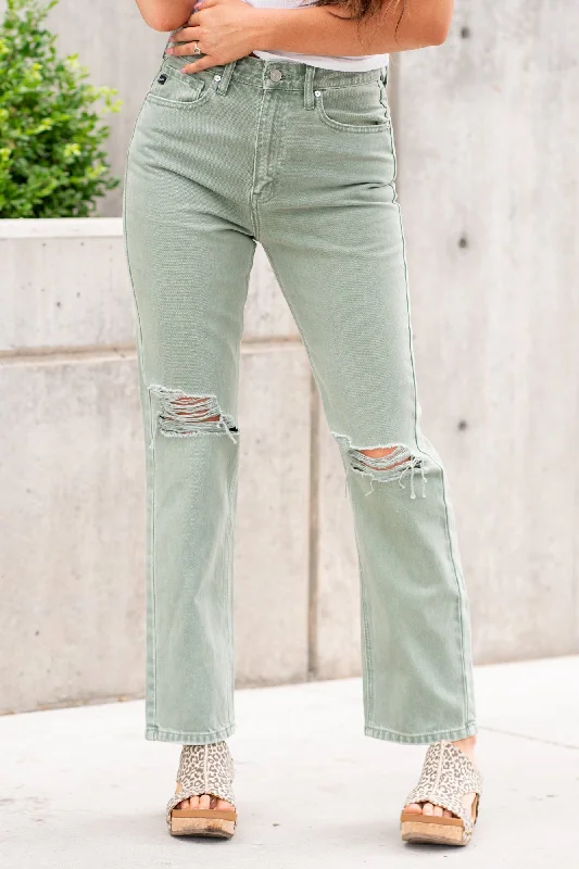 Chic Relaxation Olive Green Ultra High Rise Distressed Straight Leg