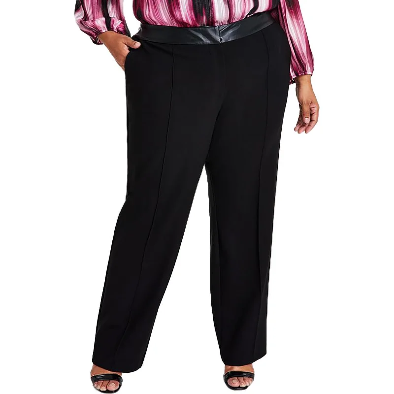 Soft Layers Calvin Klein Womens Plus Faux Leather Trim High Rise Wide Leg Pants
