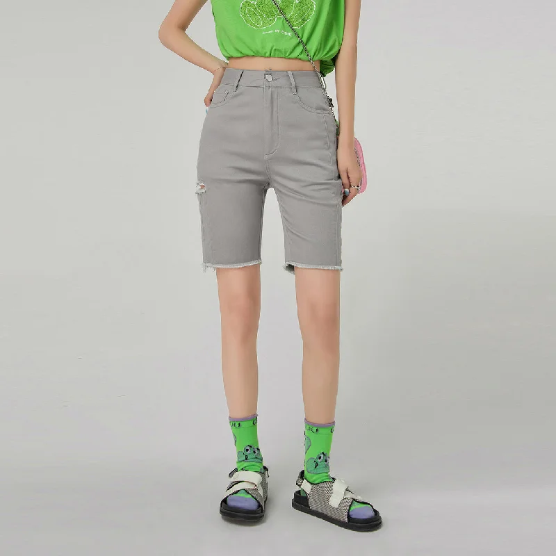 Elegant And Elegant Side Cutout Denim Bermuda Shorts