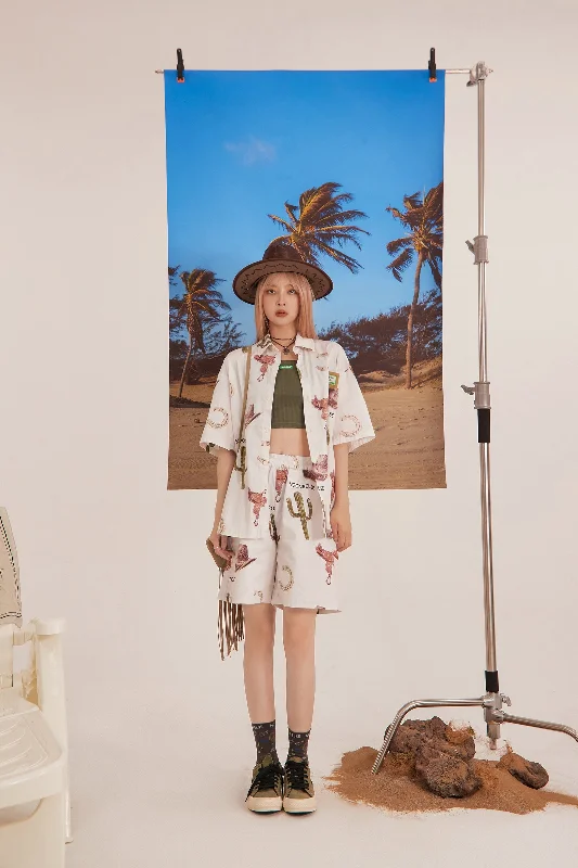 Simple Style Holiday Cactus Wide Bermuda Shorts