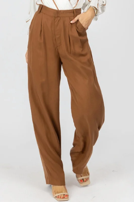 Unique Design High Waisted Wide Leg Trousers In Brown