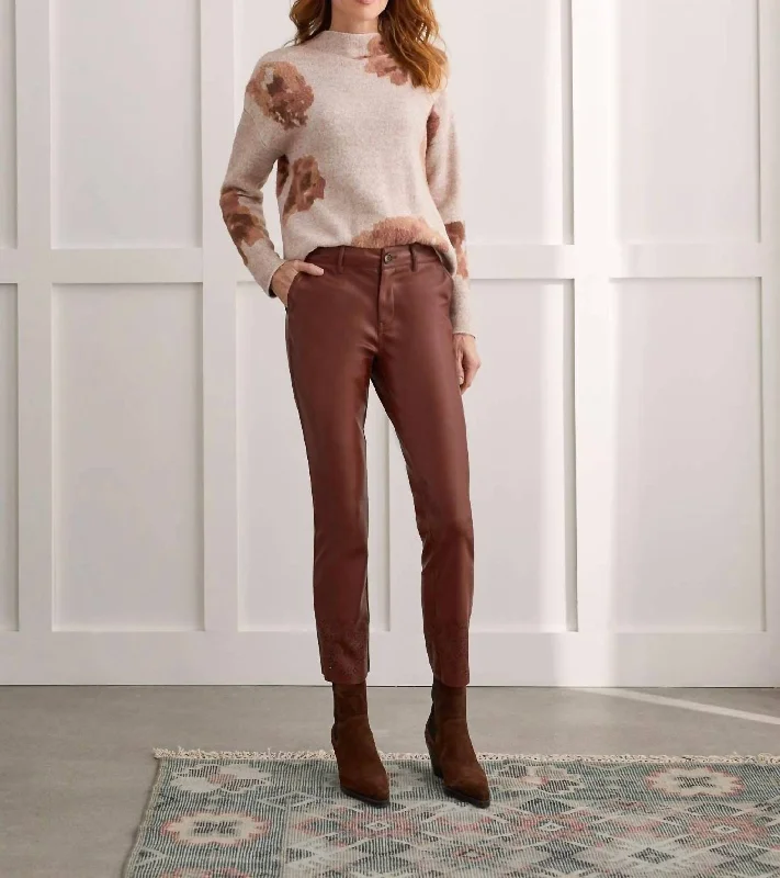Celebrity Style Laser Cut Hem Fly Front Ankle Pant In Baked Clay