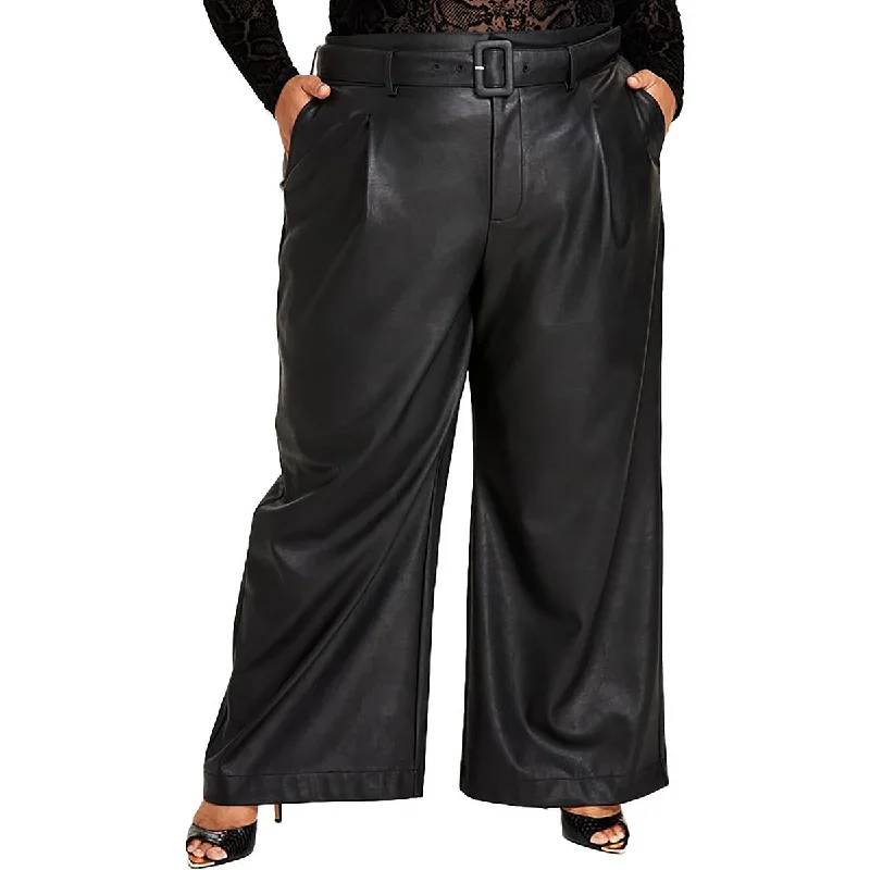 Effortless Elegance Nina Parker Womens Plus Faux Leather Wide Leg Pants