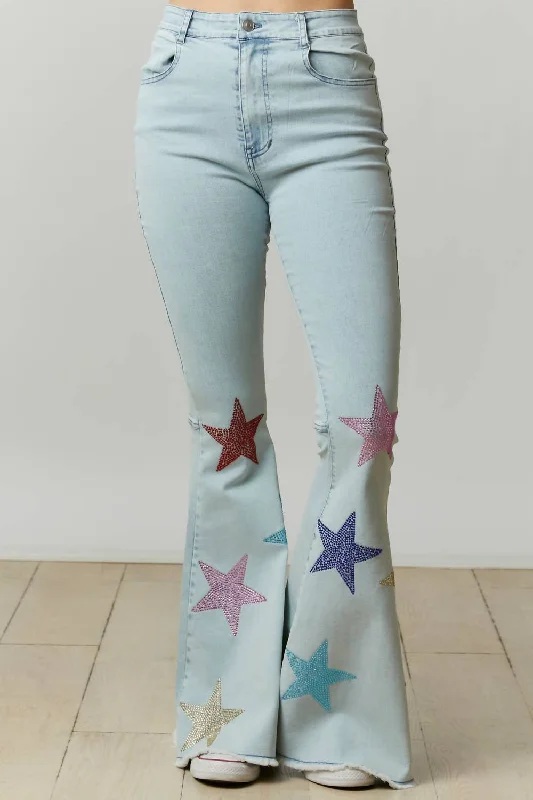 High Street Fashion Rhinestone Starry Flare Pants In Medium Washed Blue