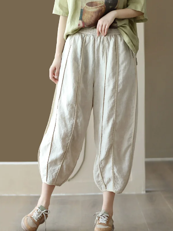 Trendy Comfort Wear Summer Solid Color Spliced Linen Loose Harem Pants