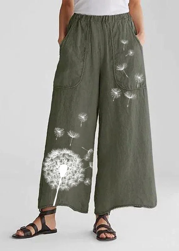 Cool Summer Tea Green-dandelion Cotton Linen Loose Wide Leg Casual Pants