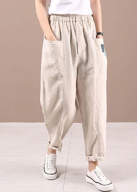 Comfortable Outfits Unique Beige retro High Waist Summer Pants Cotton Linen