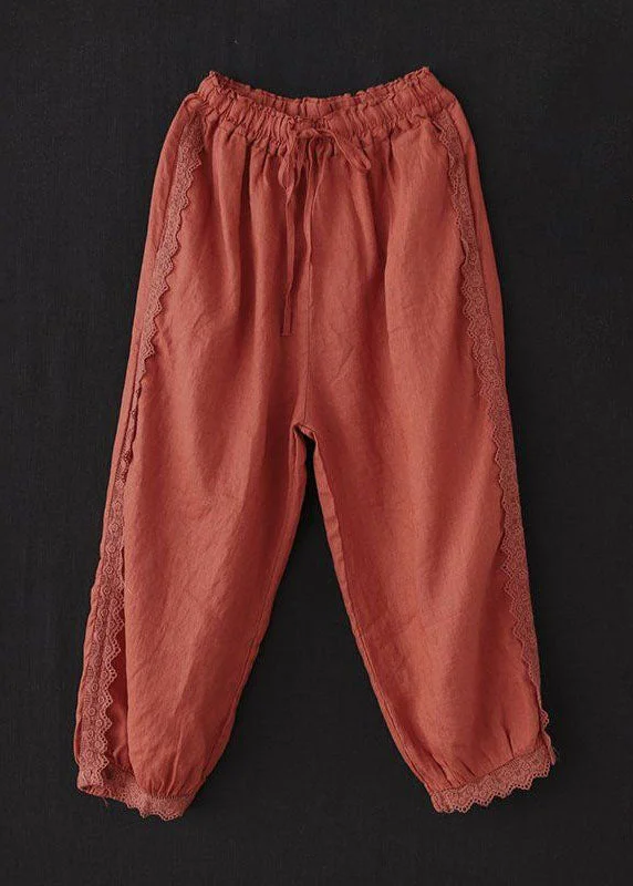Feminine Charm Unique Brick Red Lace Patchwork Linen Crop Pants Summer