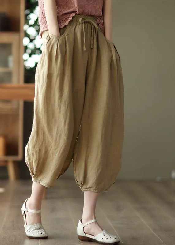Simple And Comfortable Unique Brown Pockets Patchwork Linen Crop Pants Summer