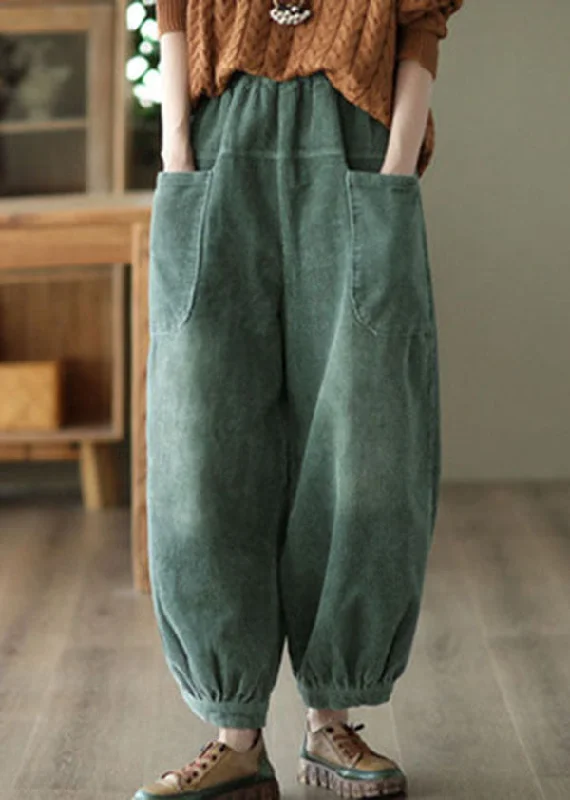 Street Cool Unique Green Elastic Waist Oversized Pockets Warm Fleece Pants Winter