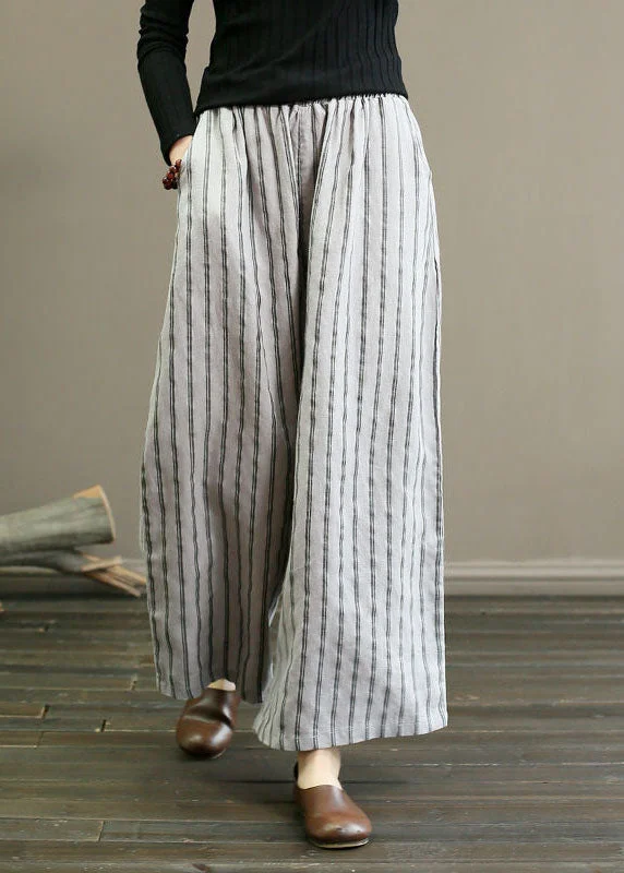 Knitted Design Unique Light Grey Elastic Waist Oversized Striped Linen Pants Trousers