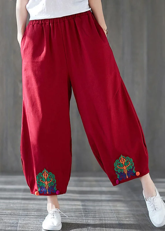 Slightly Flared Design Unique Red Embroideried Wide Leg Pants Summer