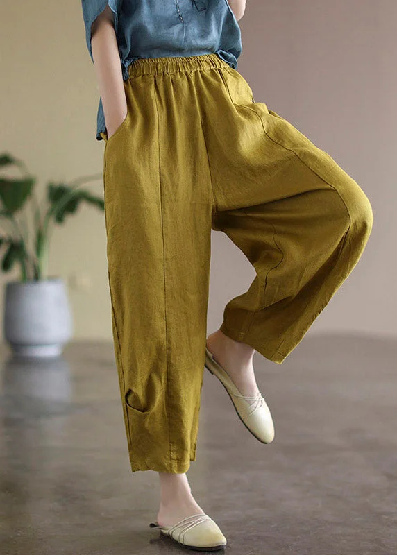 Personalized Wear Unique Yellow Pockets Elastic Waist Linen Harem Pants Summer