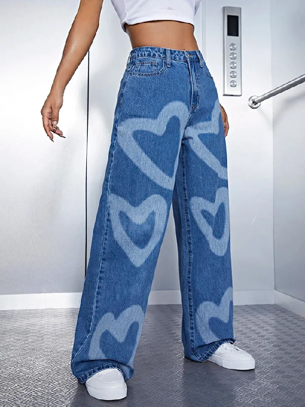 Warm And Comfortable Urban Heart Shape Printed Wide Leg Denim Pants