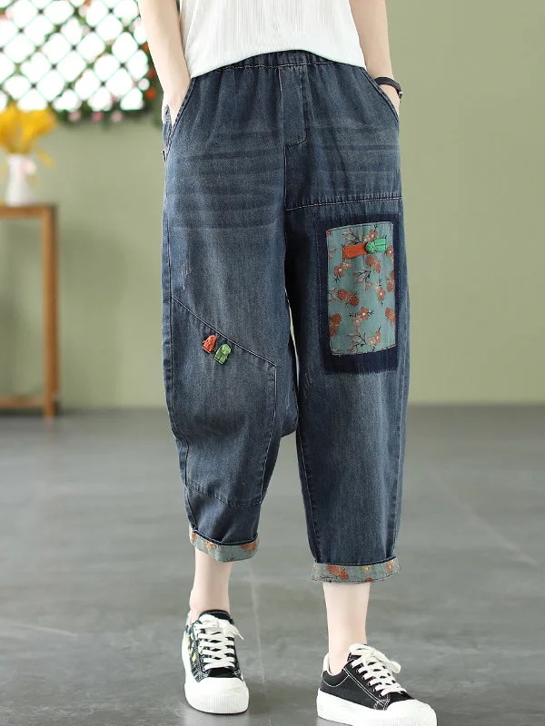 Cute Style Vintage Artistic Retro Applique Denim Pants