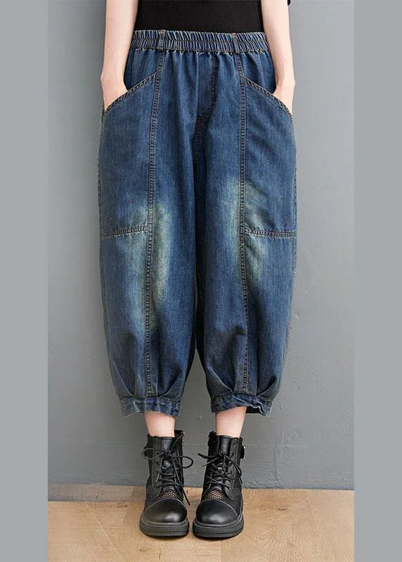 Design Trend Vintage Blue High Waist Pockets lantern Casual Fall Pants