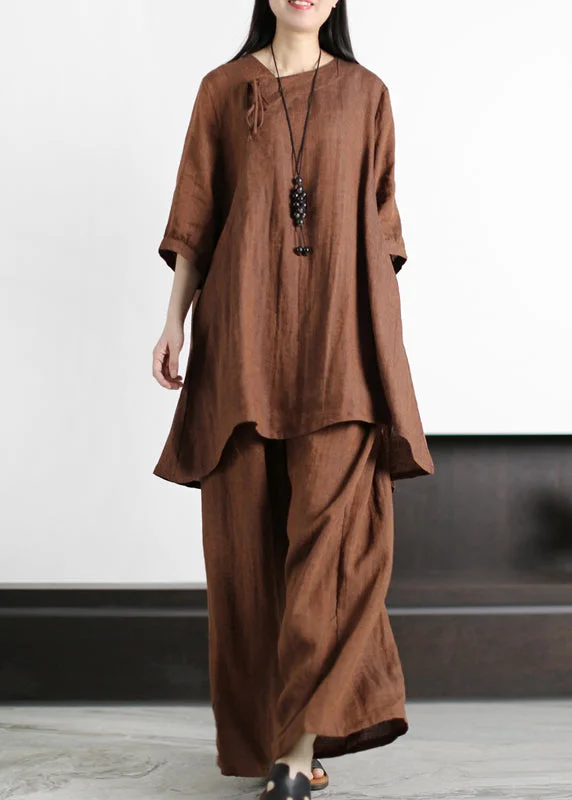 Comfortable Mind Vintage Chocolate Asymmetrical Linen Tops And Wide Leg Pants Half Sleeve