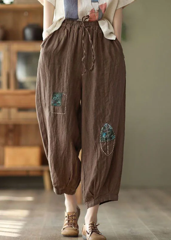 Cozy Apparel Vintage Coffee Embroideried Pockets Cinched Patchwork Linen Harem Pants Summer