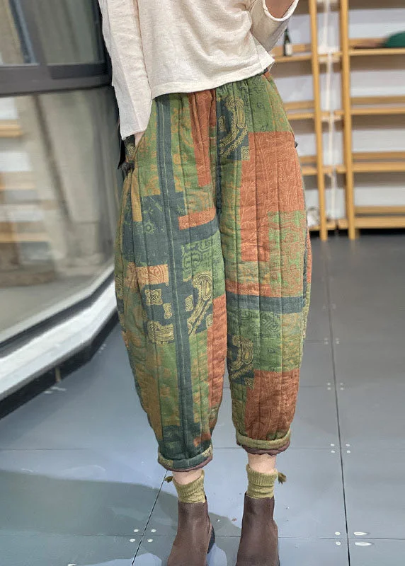 Timeless Comfort Vintage Green Elastic Waist Pockets Print Fine Cotton Filled Crop Pants Winter Timeless Comfort Vintage Green Elastic Waist Pockets Print Fine Cotton Filled Crop Pants Winter