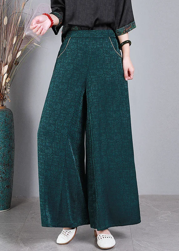 Cozy Outfit Vintage Green Elastic Waist Pockets Wrinkled Silk Wide Leg Pants Summer