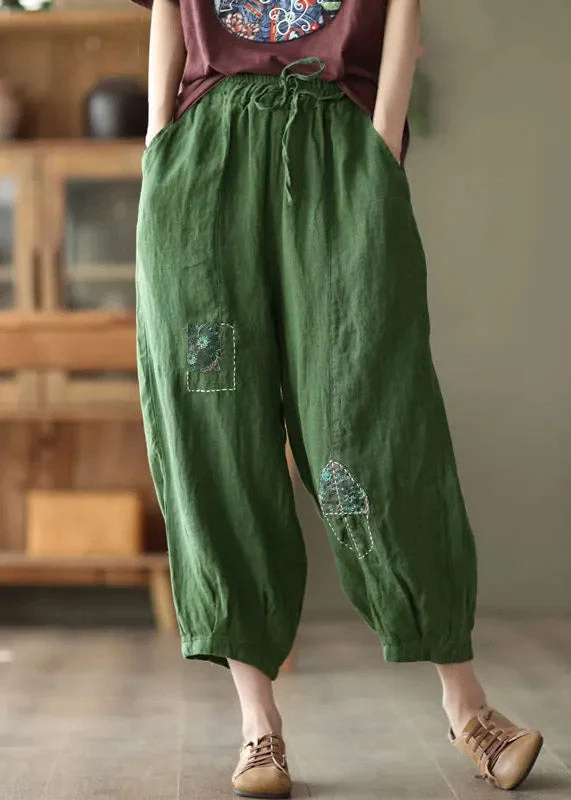 Personalized Series Vintage Green Pockets Print Elastic Waist Linen Harem Pants Summer