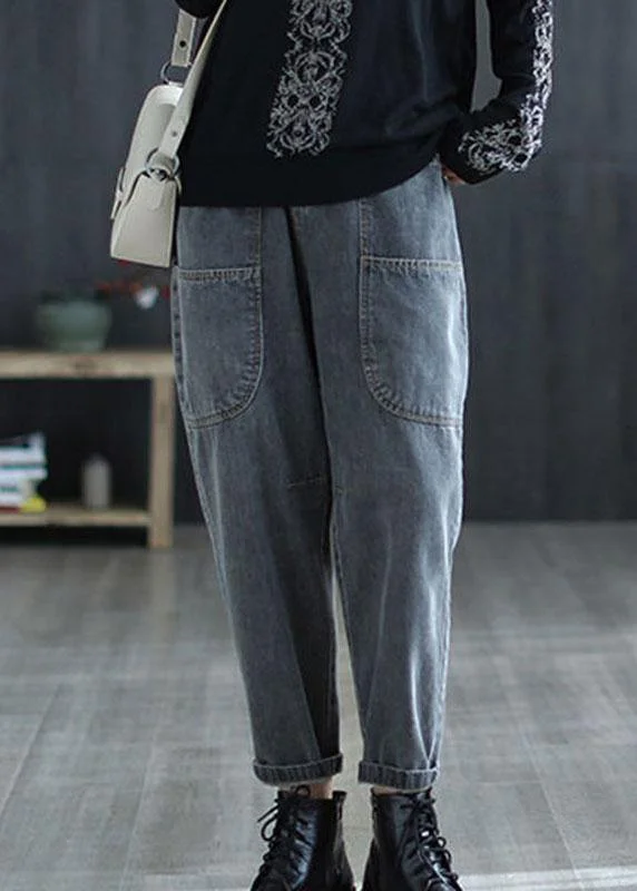 Street Fashion Vintage Grey High Waist Pockets Harem Fall Denim Pants