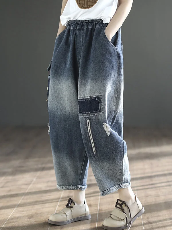 High-end Fabrics Vintage Hollow Elasticity Applique Denim Ninth Pants