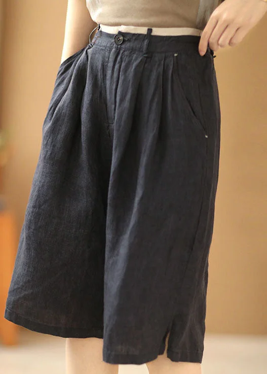 Fashionable Inner Wear Vintage Navy Elastic Waist Pockets Linen Straight Pants Shorts Summer