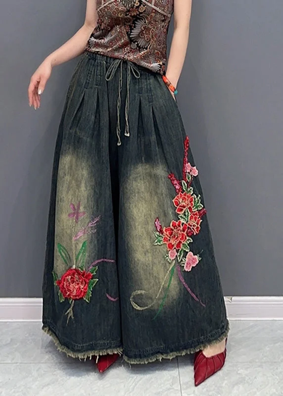 Cozy Street Style Vintage Navy Embroideried Tie Waist Pockets Wide Leg Denim Pants