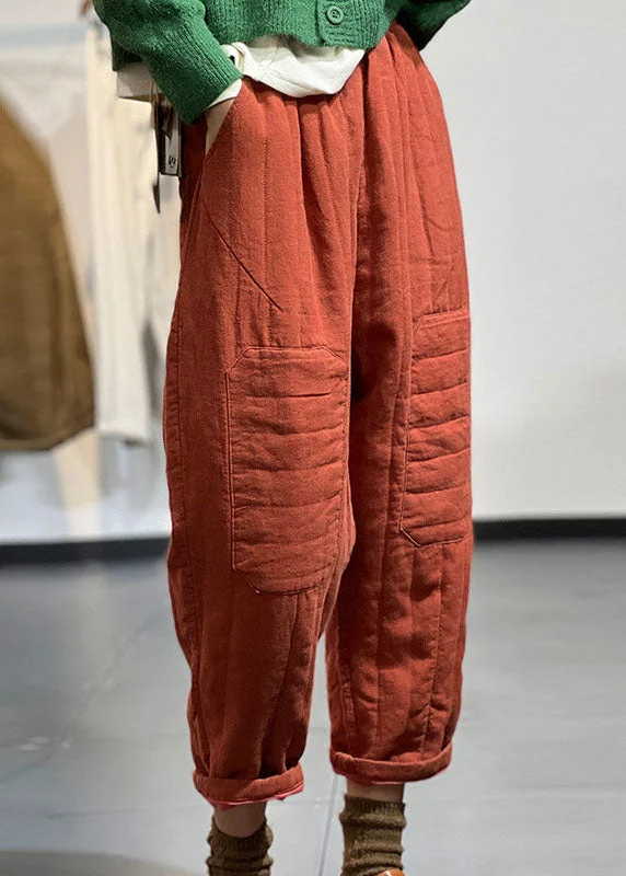 Summer Comfort Vintage Orange Elastic Waist Patchwork Applique Fine Cotton Filled Harem Pants Winter Summer Comfort Vintage Orange Elastic Waist Patchwork Applique Fine Cotton Filled Harem Pants Winter