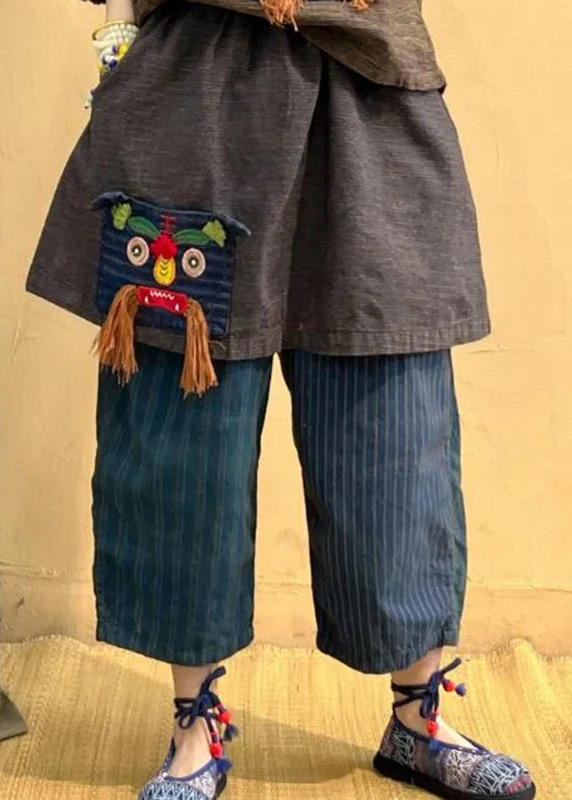 British Style Vintage Pockets Striped Tassel Elastic Waist Linen Crop Pants Fall