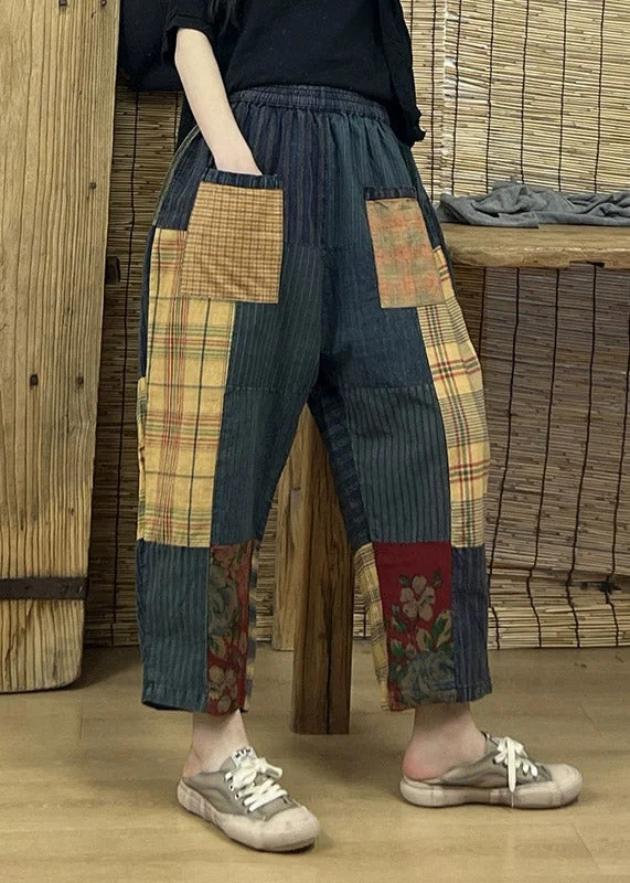 Cozy Chic Trends Vintage Print Patchwork Plaid Old Beam Pants Summer