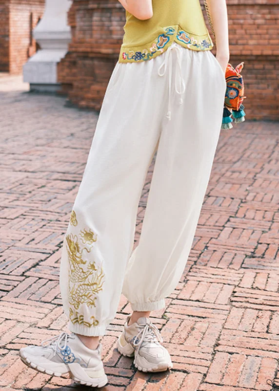 Slim Fit White Drawstring Pockets Elastic Waist Lantern Pants Fall