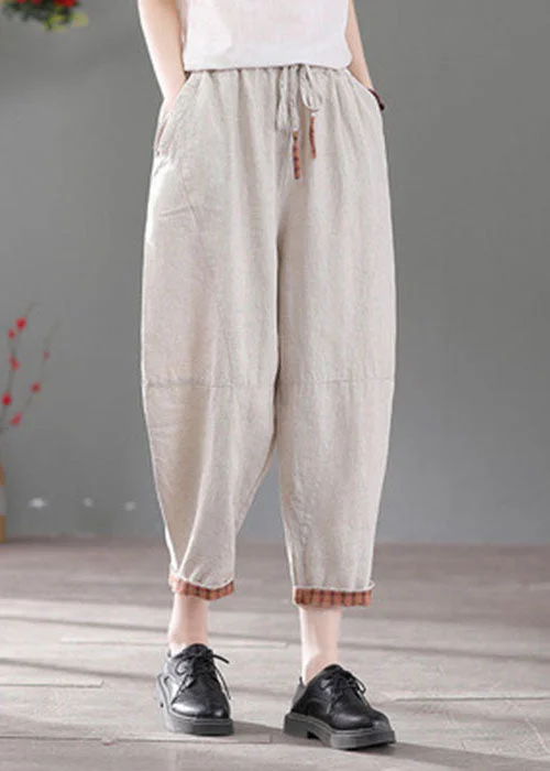 High-quality Fabrics White Patchwork Linen Harem Pants Elastic Waist Drawstring Fall