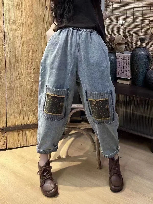 Trendy Layers Women Artsy Patch Spliced Pocket Denim Pants