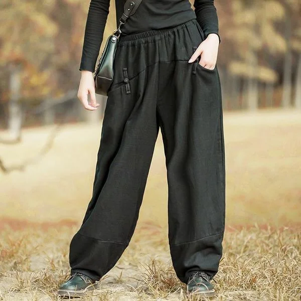 Exquisite Craftsmanship Women Black Chinese Style Wide Leg Pants Button Pockets Thick Warm Elastic Waist Trouser Exquisite Craftsmanship Women Black Chinese Style Wide Leg Pants Button Pockets Thick Warm Elastic Waist Trouser