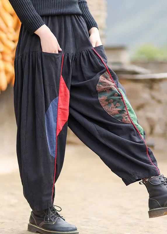 Sweet Girl Women Black Elastic Waist Pockets Patchwork Warm Fleece Pants Winter