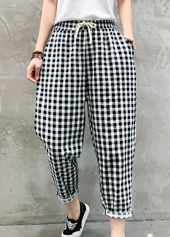 Fashionable Items Women Black White Plaid Tie Waist Crop Beam Pants