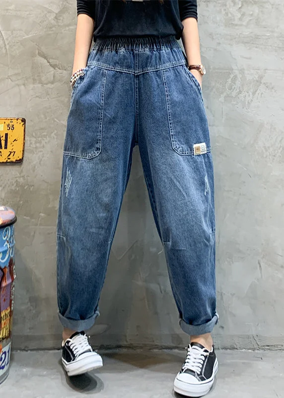 Slightly Flared Design Women Blue elastic waist Pockets Denim Pants Spring