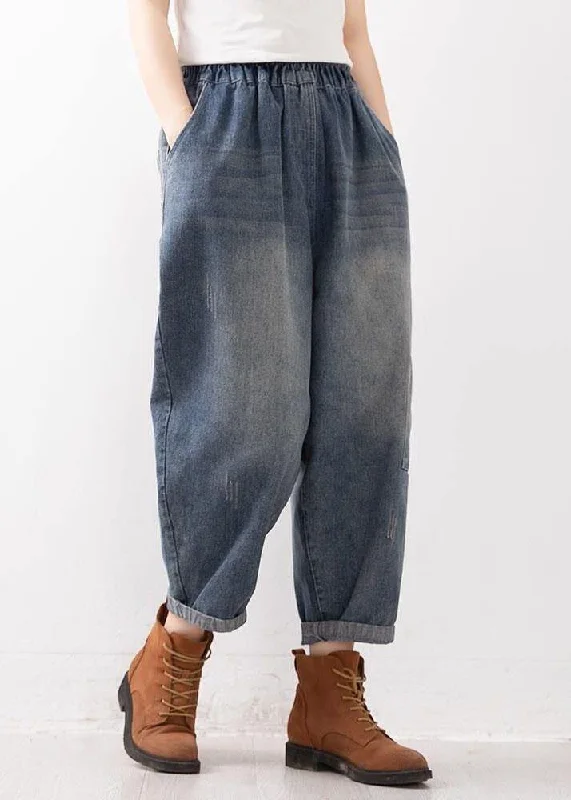 Modern Tailoring Women Blue Elastic Waist Pockets Harem Fall Denim Pants
