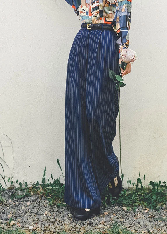 Trendy Traveler Women Blue High Waist Striped Draping Wide Leg Pants Spring