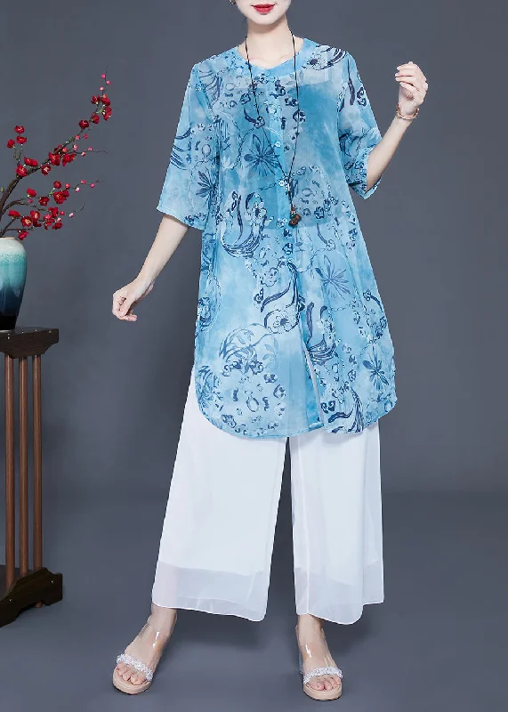 Simple Style Women Blue Print Oversized Side Open Long Shirts And Pants Two-Piece Set Summer
