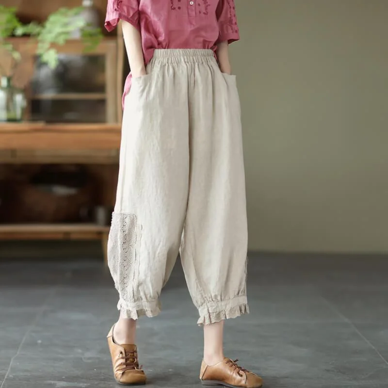 Perfect Tailoring Women Casual Lace Decoration Pocket Linen Pants