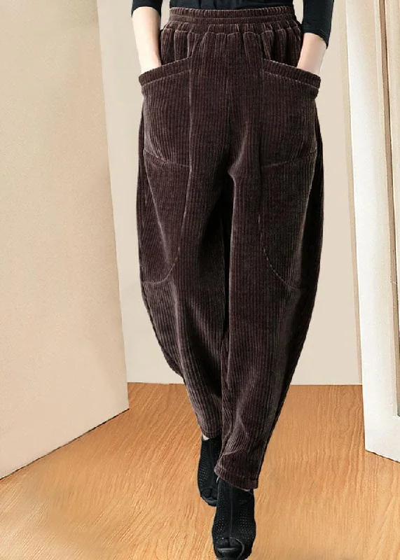 Street Charm Women Coffee Pockets Patchwork Straight Winter Pants