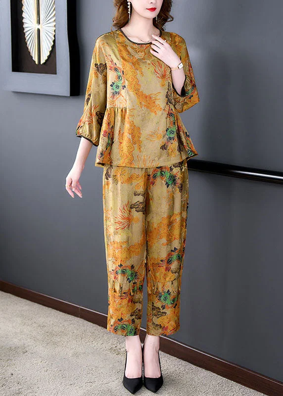 Simple Elegance Women Coffee Print Wrinkled Tops And Pants Silk Two-Piece Set Summer