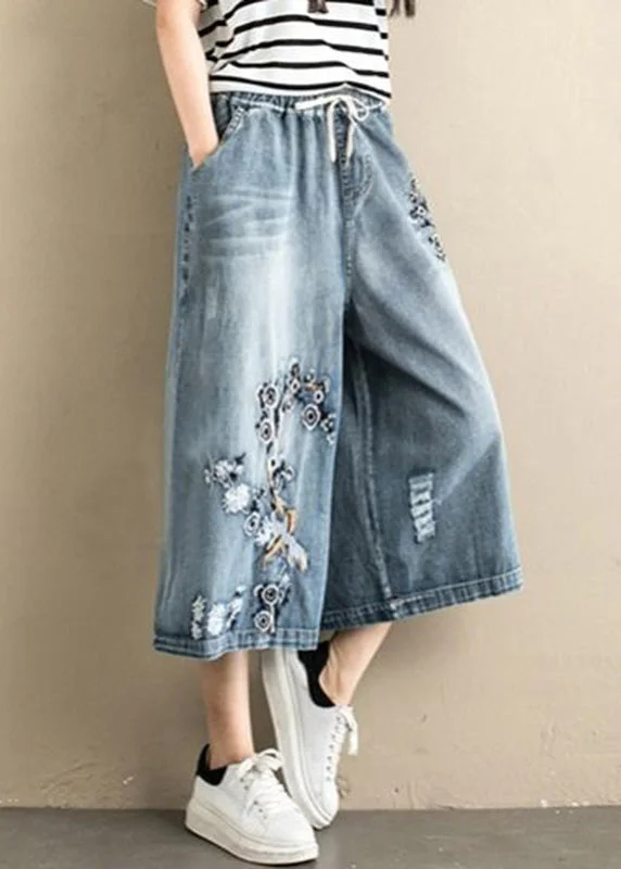 All-Day Wear Women Denim Blue Embroideried Tie Waist Wide Leg Pants Summer