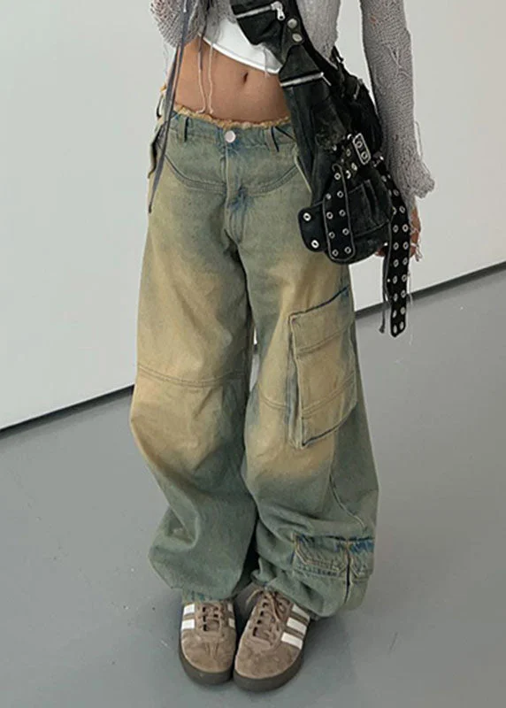 Cozy Fit Women Gradient Color Pockets Patchwork Denim Wide Leg Pants Summer